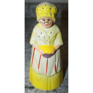 Vintage Old Woman Utensil Holder Or Planter, Yellow, Red Stripped Apron GUC